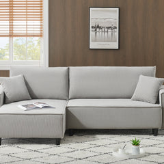 Modern Gray Corduroy Sofa Bed with Two Pillows - Sectional L-Shaped Sofa with Storage