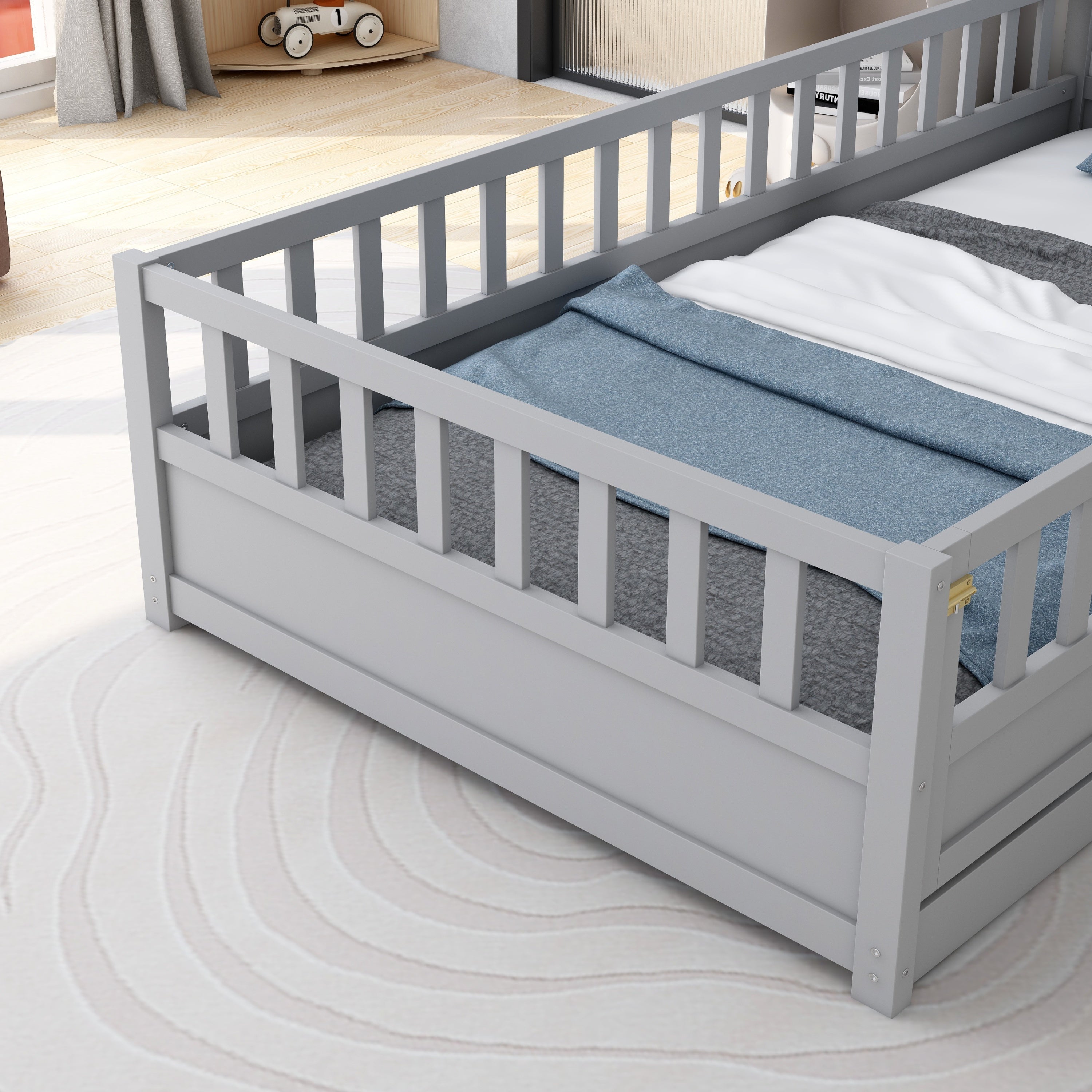 Twin Size Floor bed, integral construction with super high security barrier, door, children's floor bed frame, Montessori wooden children's floor bed,  Grey Twin Size Floor bed, integral construction with super high security barrier, door, children's floor bed frame, Montessori wooden children's floor bed,  Grey