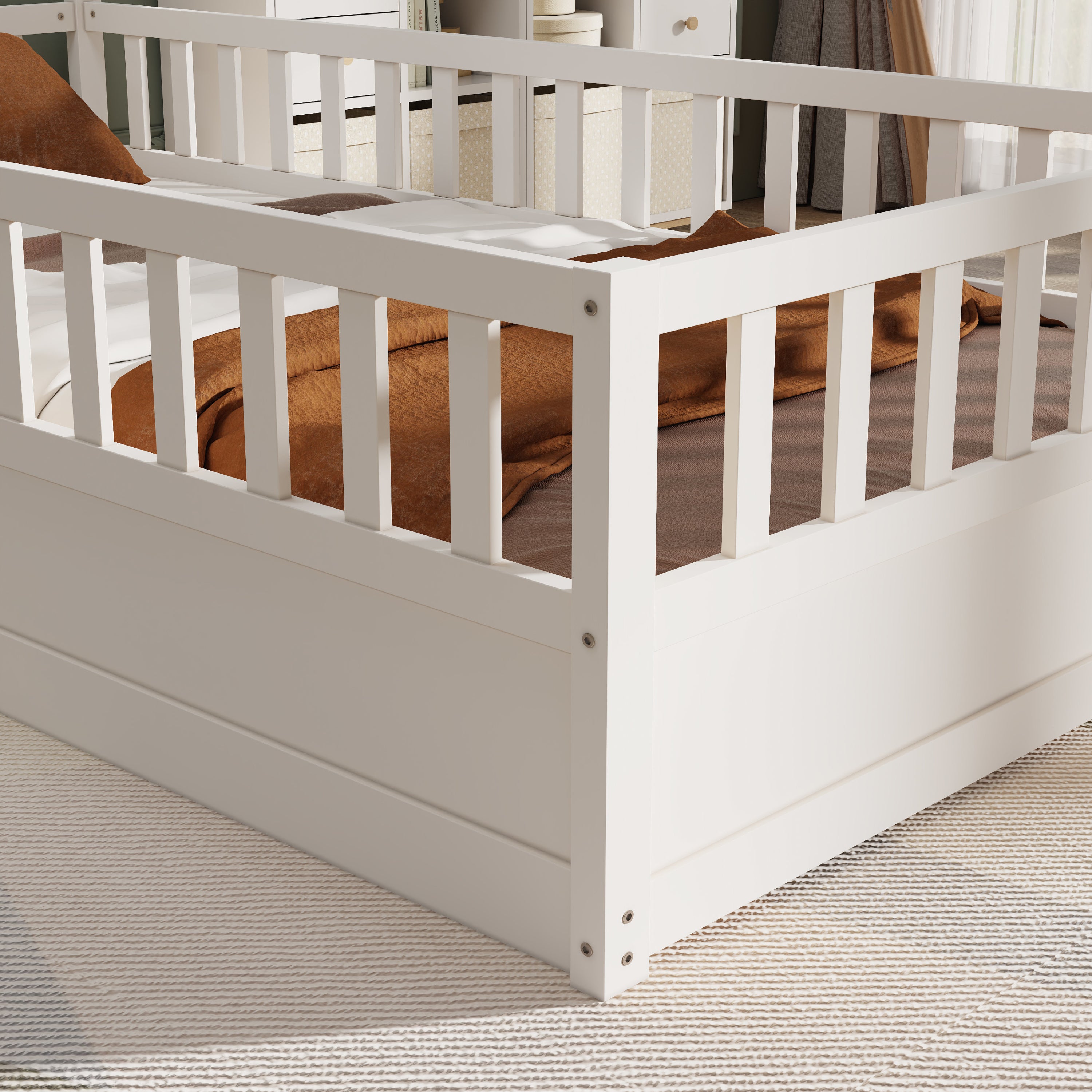 Twin Size Floor bed, integral construction with super high security barrier, door, children's floor bed frame, Montessori wooden children's floor bed, white Twin Size Floor bed, integral construction with super high security barrier, door, children's floor bed frame, Montessori wooden children's floor bed, white