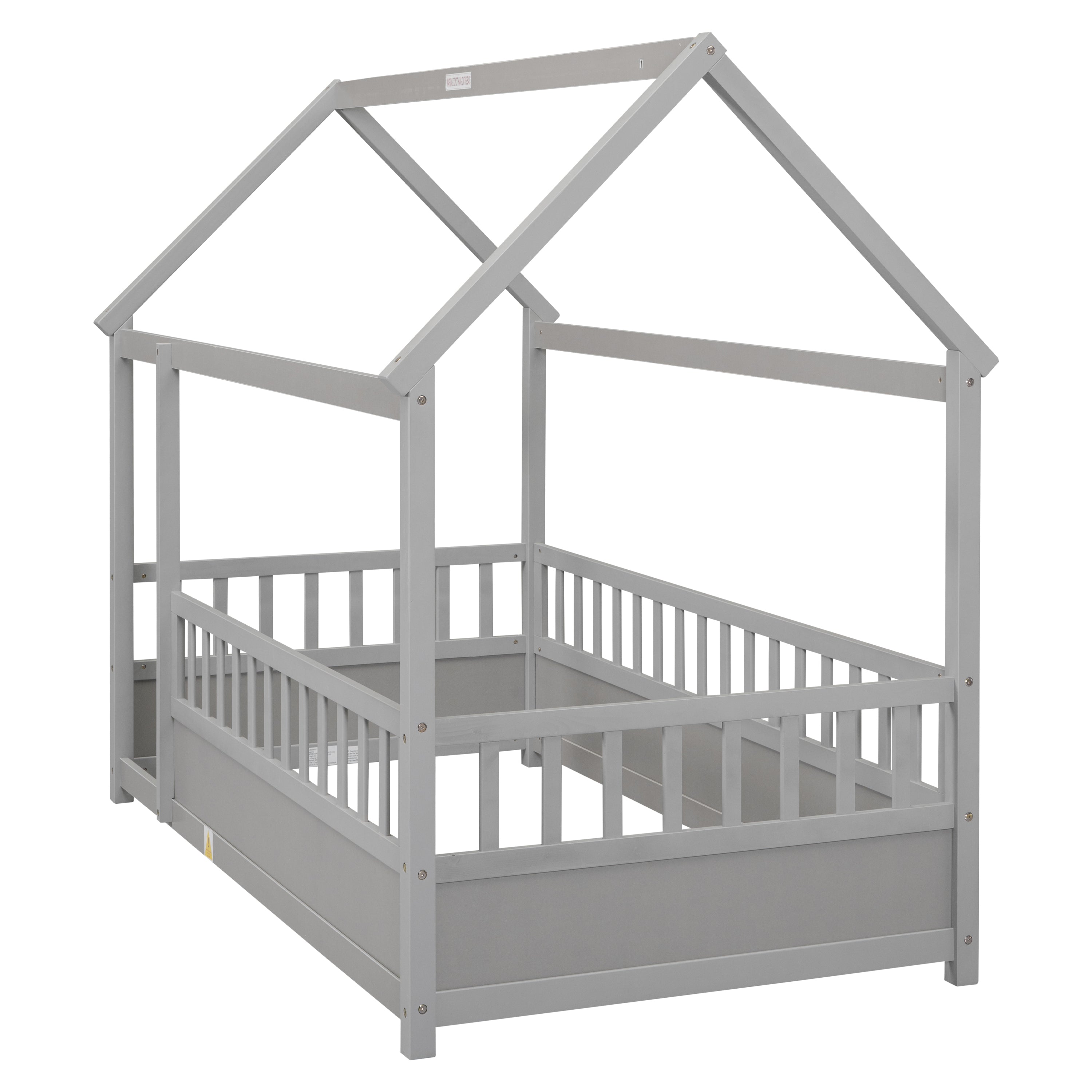 Twin Size Floor Wooden Bed with House Roof Frame, Fence Guardrails,Grey Twin Size Floor Wooden Bed with House Roof Frame, Fence Guardrails,Grey