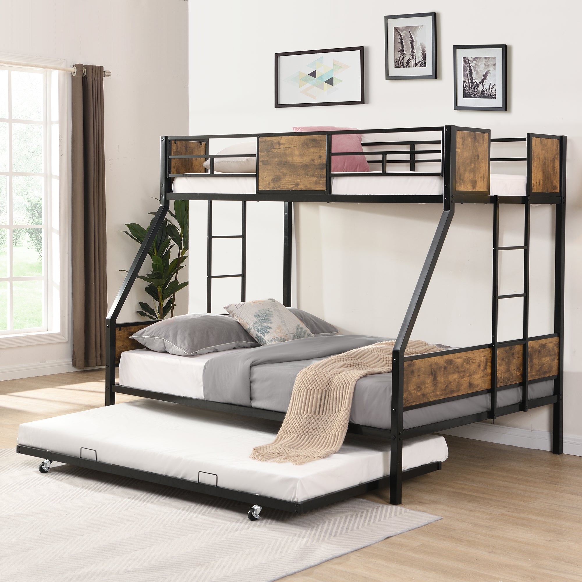 Twin Over FULL  Metal Bunk Bed  with Trundle  2 - Side Ladder and Full-Length Guardrail, No Box Spring Needed, Large Under Bed Storage, Easy Assemble , Black &  Brown Twin Over FULL  Metal Bunk Bed  with Trundle  2 - Side Ladder and Full-Length Guardrail, No Box Spring Needed, Large Under Bed Storage, Easy Assemble , Black &  Brown