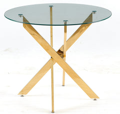 Golden Dining Table with cross metal leg and glass,Modern Space Saving Kitchen Table for Living Room