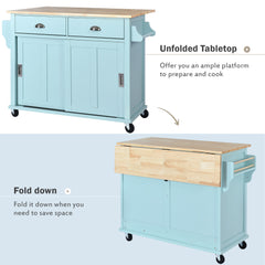 Kitchen Cart with Drop-Leaf Countertop, Sliding Barn Door, Mint Green