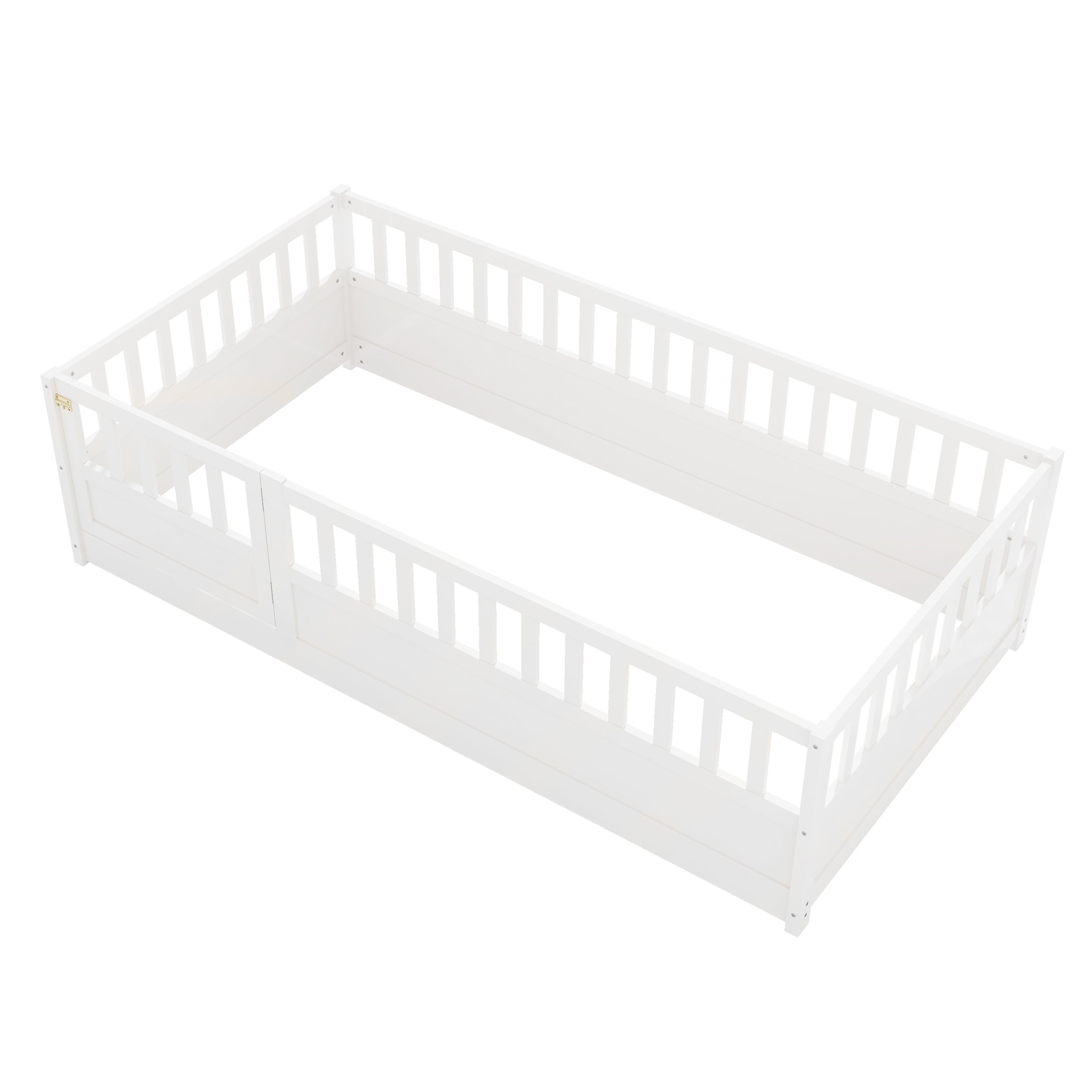 Twin Size Floor bed, integral construction with super high security barrier, door, children's floor bed frame, Montessori wooden children's floor bed, white Twin Size Floor bed, integral construction with super high security barrier, door, children's floor bed frame, Montessori wooden children's floor bed, white