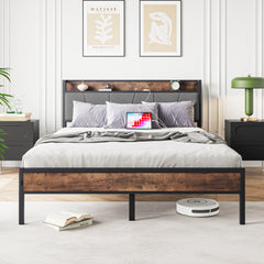 Queen Bed Frame with Storage Headboard & Charging Station, Brown/Gray