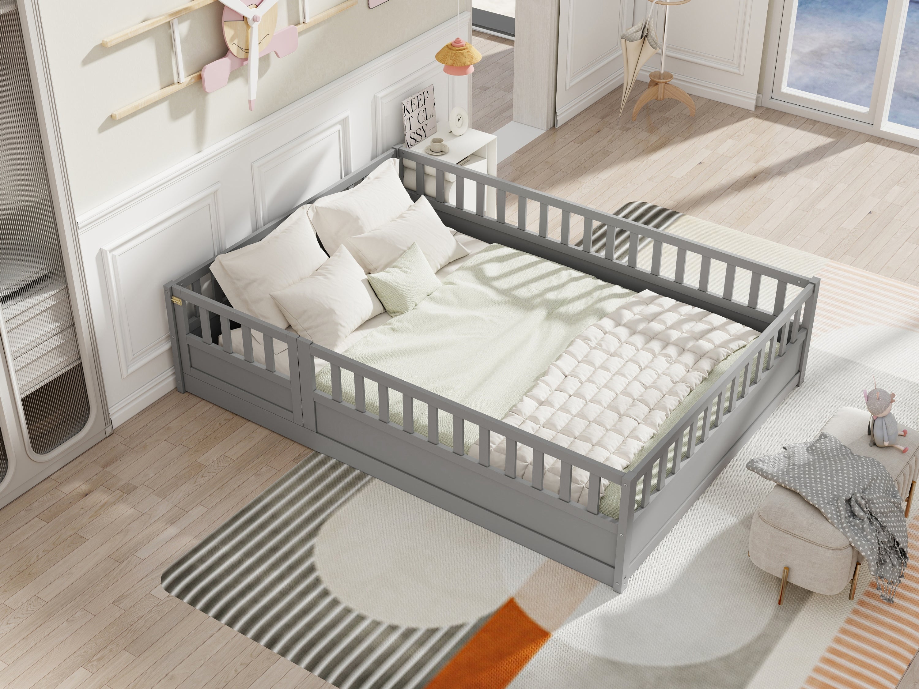 Full size  Floor bed, integral construction with super high security barrier, door, children's floor bed frame, Montessori wooden children's floor bed, Support slat Grey Full size  Floor bed, integral construction with super high security barrier, door, children's floor bed frame, Montessori wooden children's floor bed, Support slat Grey