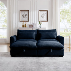 Corduroy Two-Seater Sofa with 2 Storage Footrest, 2 Seater Sectional deep seat sofa,Comfy Couches for Living Room ,Bule Sofa