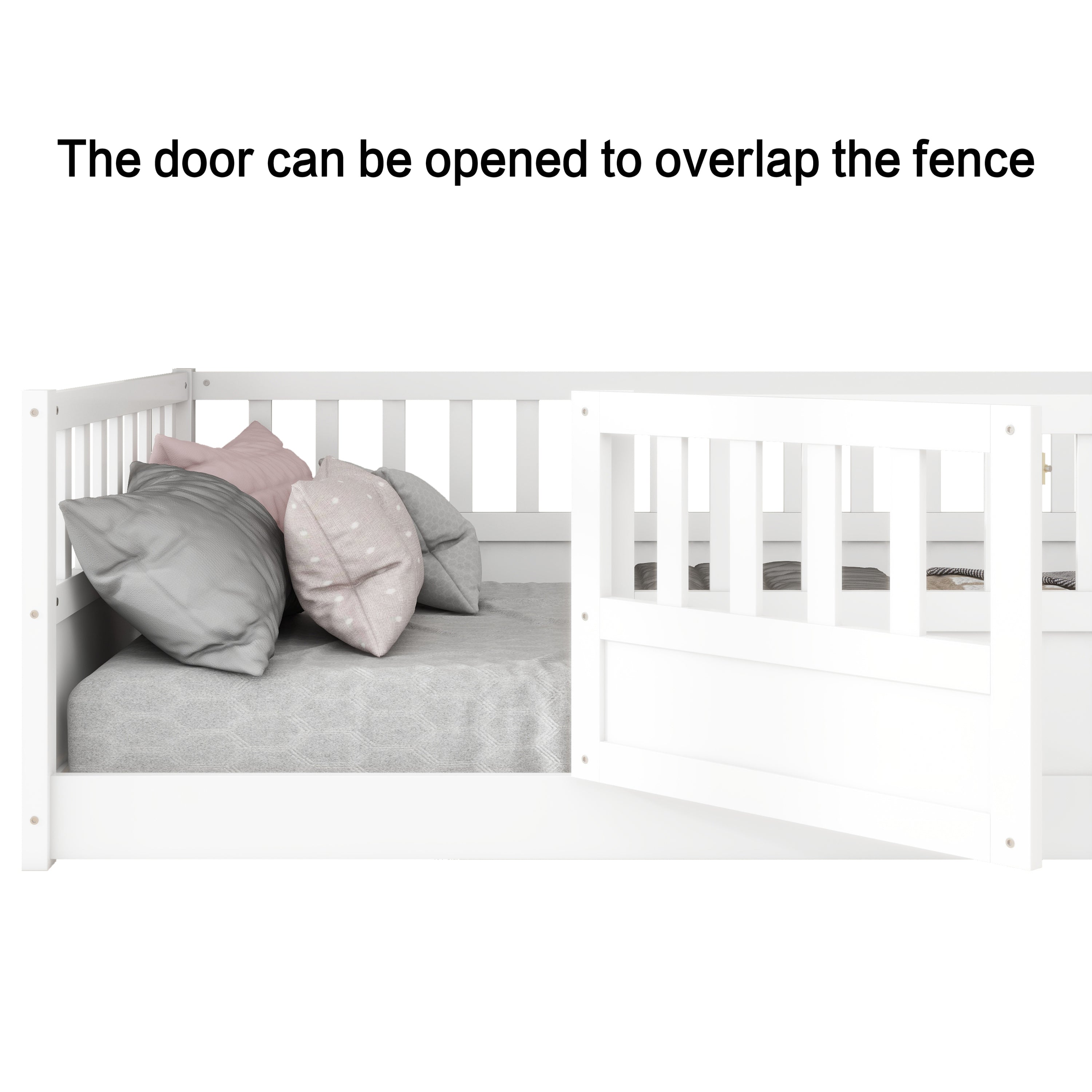 Full size  Floor bed, integral construction with super high security barrier, door, children's floor bed frame, Montessori wooden children's floor bed, white Full size  Floor bed, integral construction with super high security barrier, door, children's floor bed frame, Montessori wooden children's floor bed, white