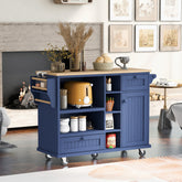 Kitchen Island Cart with Storage Cabinet & Locking Wheels, Solid Wood, Dark Blue