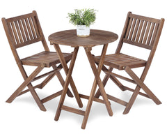 3-Piece Acacia Wood Bistro Set, Wooden Folding Patio Furniture for Garden Backyard Balcony Porch w/ 1 Coffee Table and 2 Foldable Chairs, Natural Stained