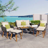 K&K 6-Piece Patio Conversation Set with Acacia Wood Cool Bar and Chairs with Deep Cushions, Black & Beige