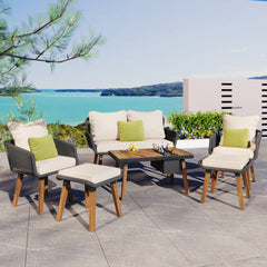 K&K 6-Piece Patio Conversation Set with Acacia Wood Cool Bar and Chairs with Deep Cushions, Black & Beige