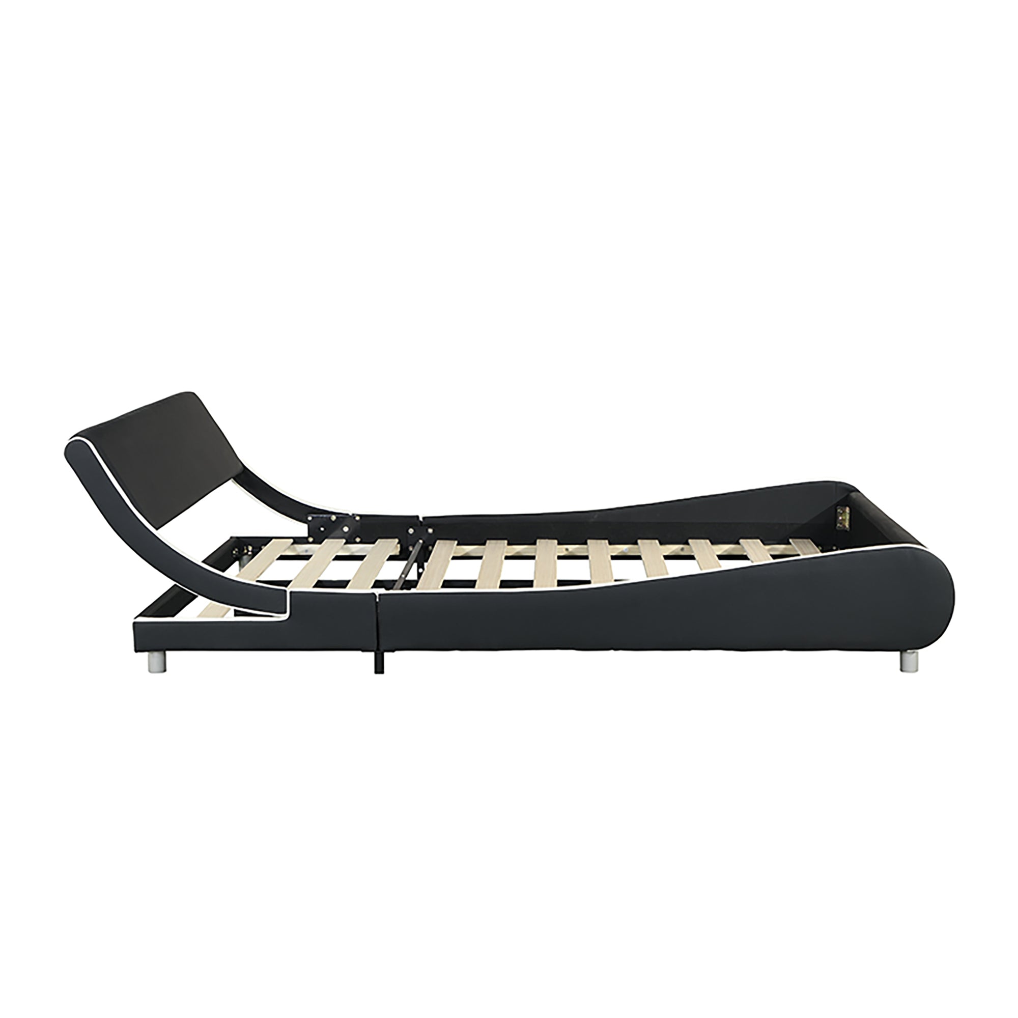 Faux Leather Upholstered Platform Bed Frame,LED lighting with remote controller and APP,Curve Design,Wood Slat Support,No Box Spring Needed,Easy Assemble,Queen Size,Black and White Faux Leather Upholstered Platform Bed Frame,LED lighting with remote controller and APP,Curve Design,Wood Slat Support,No Box Spring Needed,Easy Assemble,Queen Size,Black and White