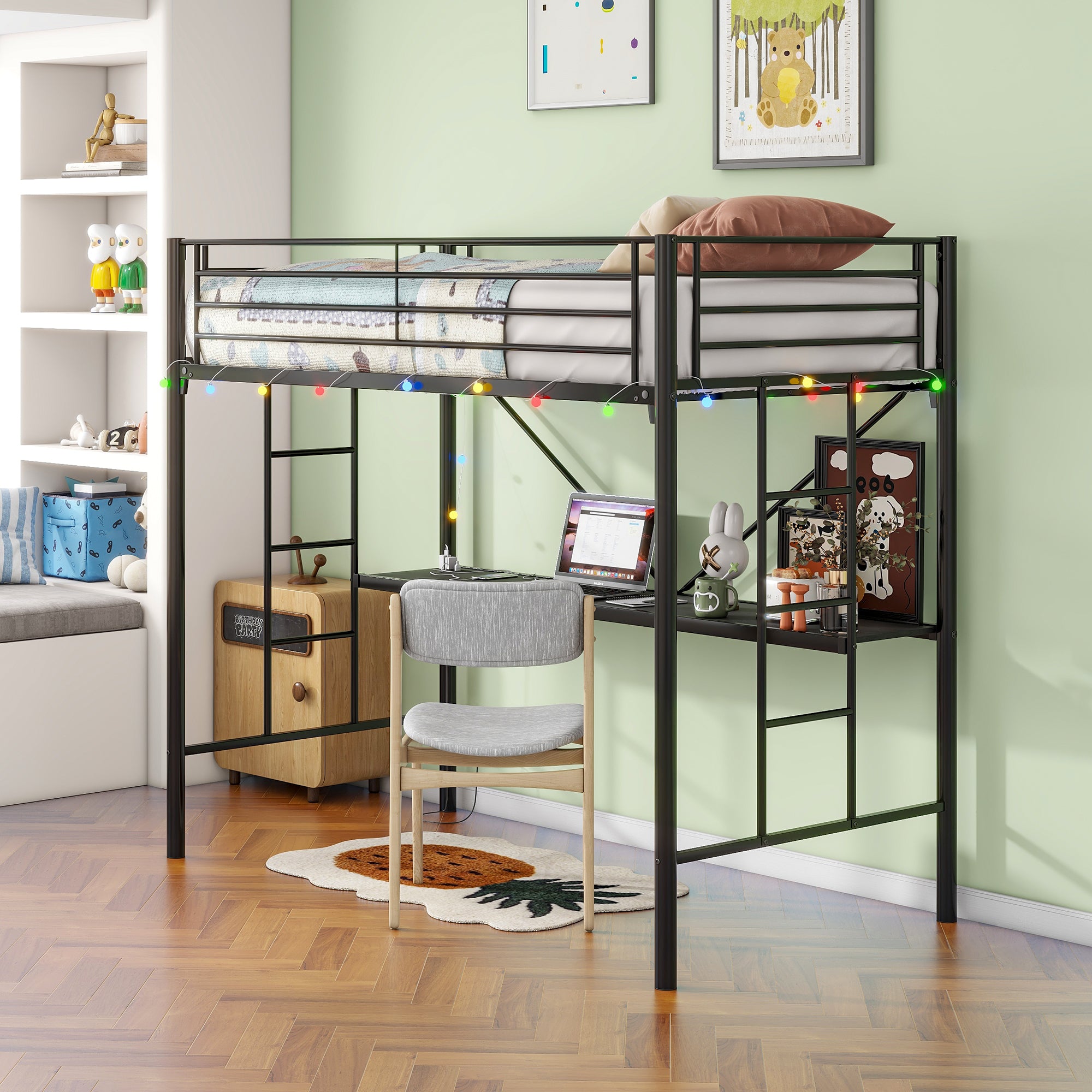 Twin Metal Loft Bed with Desk, Power Outlet & LED Light - Black Twin Metal Loft Bed with Desk, Power Outlet & LED Light - Black