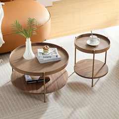 2-Tier Nesting Coffee Table Set, Modern Round Side Tables for Living Room, Walnut