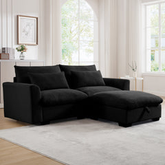 Sectional Sofa Comfy Corduroy Couch for Living Room with Pillows and Round Armrests, Modern Corduroy Sofa Sleeper Deep Couches with Storage Ottoman (Black, 2-Seat)