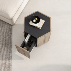 Hexagonal Rural Style Garden Retro with Drawer Living Room Corner Table Bedroom Bedside Table , Textured Black + Warm Oak