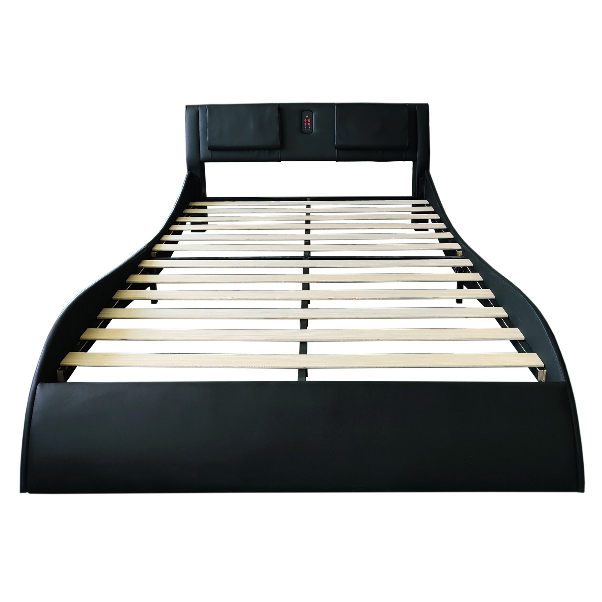 Faux Leather Upholstered Platform Bed Frame with led lighting, Bluetooth connection to play music control, Backrest vibration massage, Curve Design, Wood Slat Support, One-Carton Package, Queen Faux Leather Upholstered Platform Bed Frame with led lighting, Bluetooth connection to play music control, Backrest vibration massage, Curve Design, Wood Slat Support, One-Carton Package, Queen