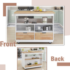 Rolling Kitchen Island with Storage, RubberWood Top & Wine Rack, White