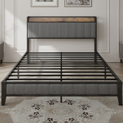 Full Size Bed Frame with Charging Station, Upholstered Headboard, Metal Platform, Grey