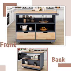 Rolling Kitchen Island with Wood Top, Wine & Spice Rack, Grey Blue