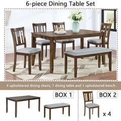 6 Piece Kitchen Dining Set, Rectangular Wooden Dining Table with 4 Upholstered Chairs and a Bench, Dining Table Set for 6 People, Living Room, Home Bar and Kitchen, Walnut