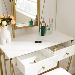 Vanity Table Set with Mirror & Stool, Vintage White