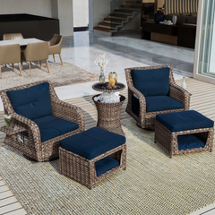 K&K 5-Piece Outdoor Patio Set with Swivel Chairs & Ottomans with Pet House, Navy Blue