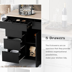 K&K Kitchen Cart with 8 Handle-Free Drawers & Wheels, Black
