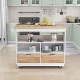 Rolling Kitchen Island with Storage, RubberWood Top & Wine Rack, White