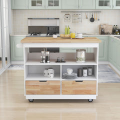 Rolling Kitchen Island with Storage, RubberWood Top & Wine Rack, White