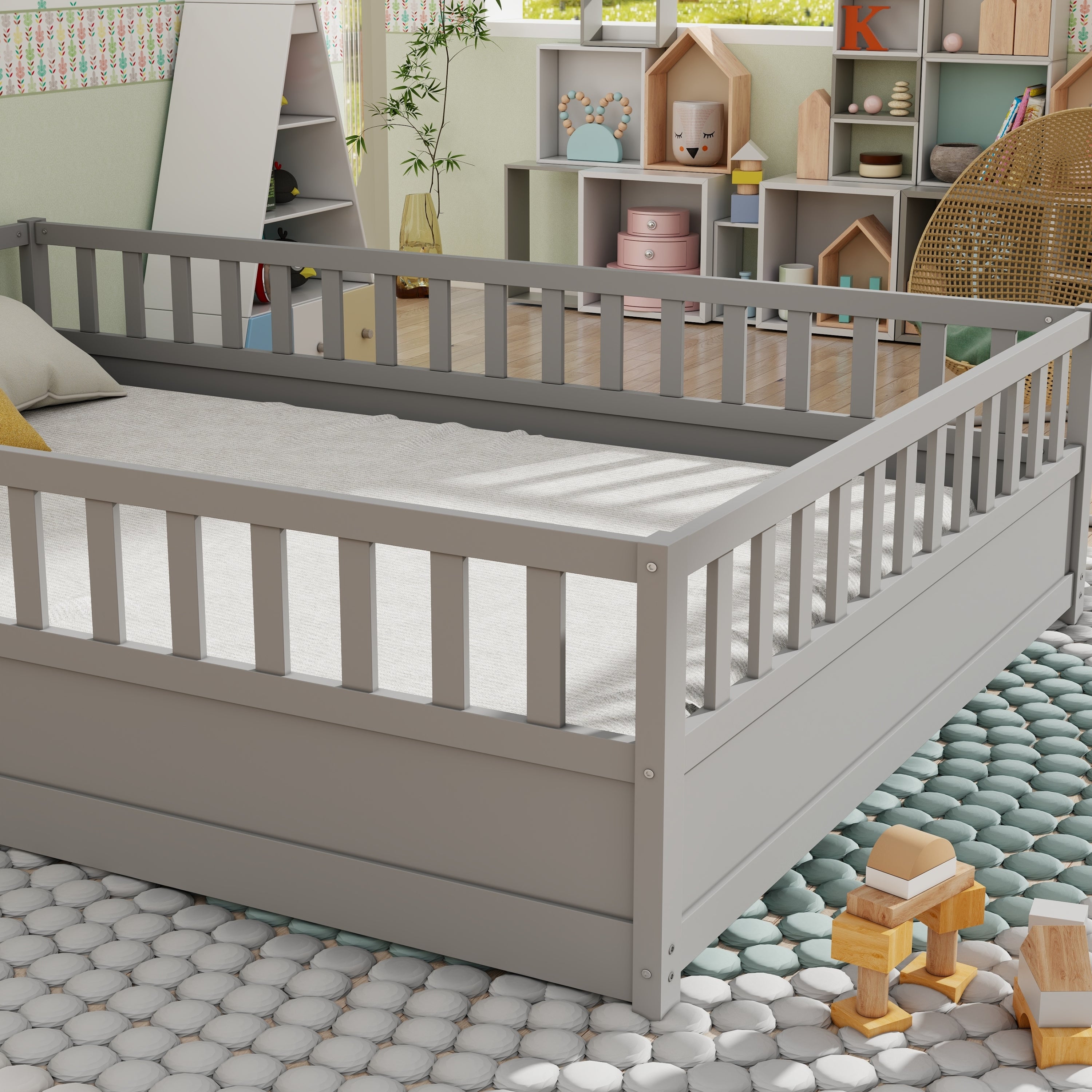 Full size  Floor bed, integral construction with super high security barrier, door, children's floor bed frame, Montessori wooden children's floor bed, Support slat Grey Full size  Floor bed, integral construction with super high security barrier, door, children's floor bed frame, Montessori wooden children's floor bed, Support slat Grey