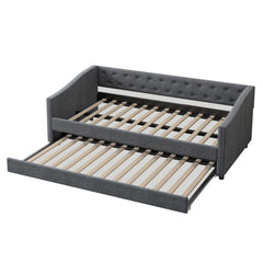 Twin Size Daybed with Twin Size Trundle Upholstered Tufted Sofa Bed, with Button on Back and Copper Nail on Waved Shape Arms-Dark Grey