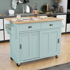 Kitchen Cart with Drop-Leaf Countertop, Sliding Barn Door, Mint Green