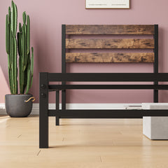 Twin Platform Bed Frame, Rustic Wood Headboard, Brown