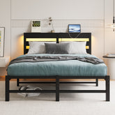 Full Metal Bed Frame with Wooden Headboard, RGB Lights & Storage