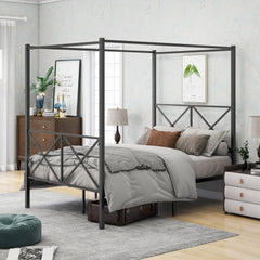 Metal Canopy Bed Frame with X-Shaped Frame - Full, Black