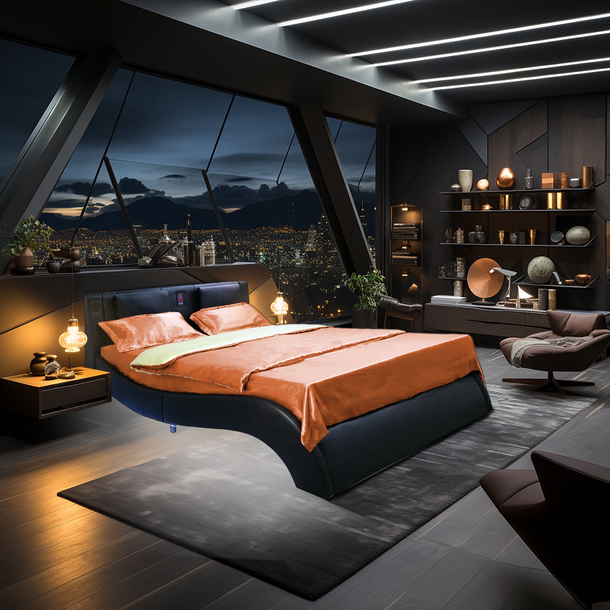 Faux Leather Upholstered Platform Bed Frame with led lighting, Bluetooth connection to play music control, Backrest vibration massage, Curve Design, Wood Slat Support, Exhibited Speakers,Queen Faux Leather Upholstered Platform Bed Frame with led lighting, Bluetooth connection to play music control, Backrest vibration massage, Curve Design, Wood Slat Support, Exhibited Speakers,Queen