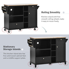 Kitchen Island Cart with Storage, Solid Wood Top & Locking Wheels, Black