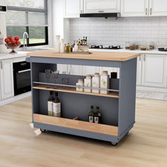 Rolling Kitchen Island with Wood Top, Wine & Spice Rack, Grey Blue
