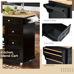 Rolling Kitchen Island with Storage & 5 Drawers, 53", Black