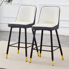 Modern Two-Tone PU Bar Stool Set of 2 - White and Dark Gray Spliced Design with Gold Decorated Legs