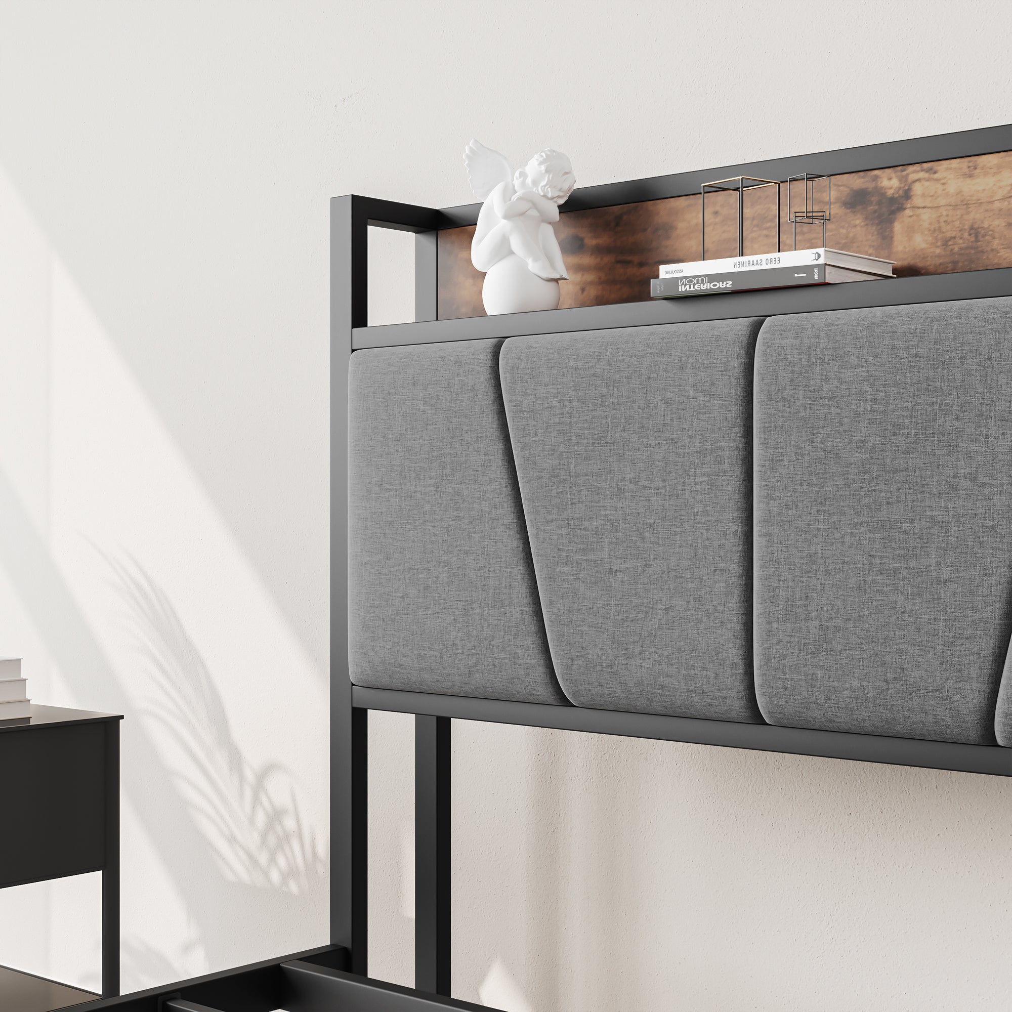 Full Bed Frame with Storage Headboard & Charging Station, Brown/Gray Full Bed Frame with Storage Headboard & Charging Station, Brown/Gray