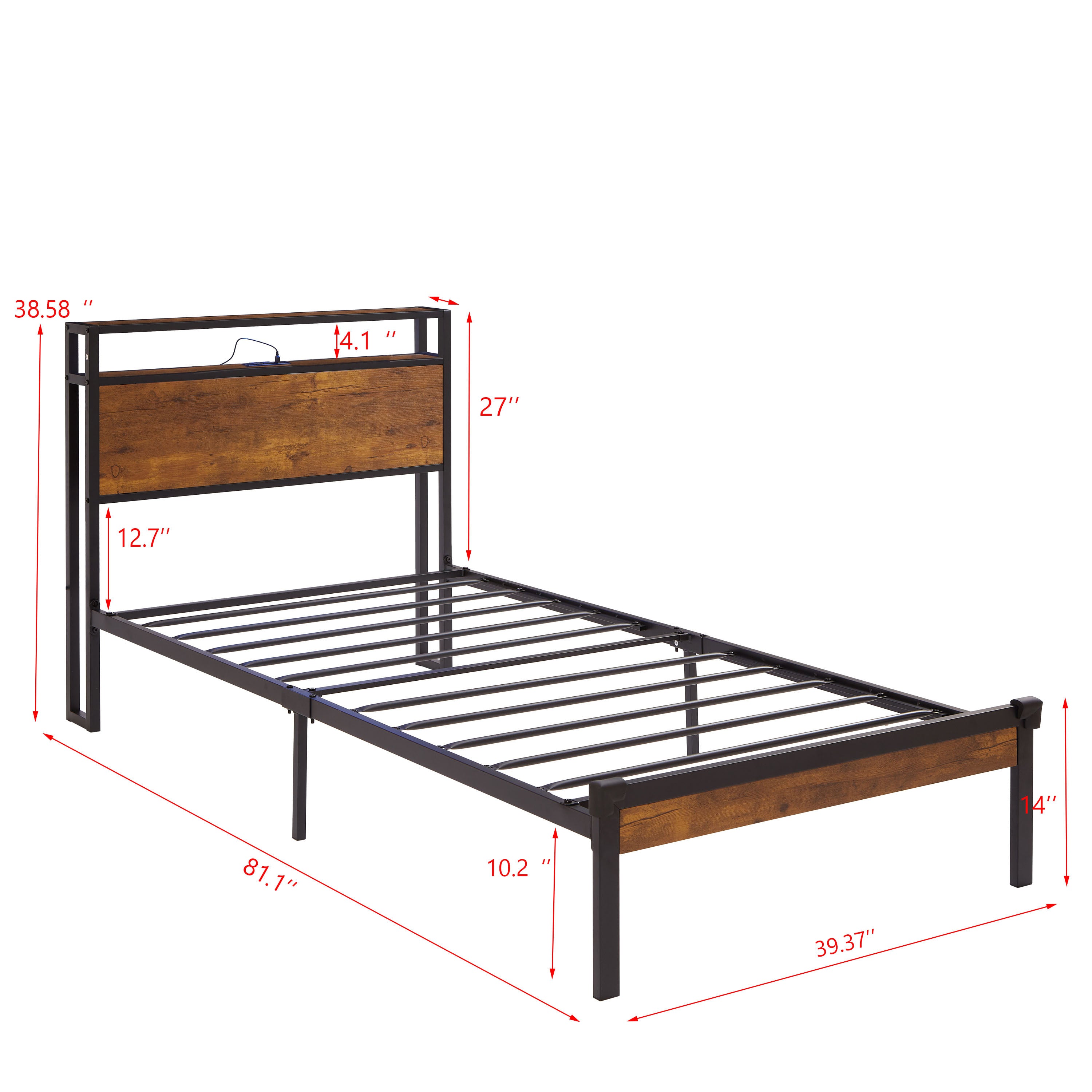 Twin Size Metal Platform Bed Frame with Wooden Headboard and Footboard with USB LINER, LED Lights ,No Box Spring Needed, Large Under Bed Storage, Easy Assemble Twin Size Metal Platform Bed Frame with Wooden Headboard and Footboard with USB LINER, LED Lights ,No Box Spring Needed, Large Under Bed Storage, Easy Assemble