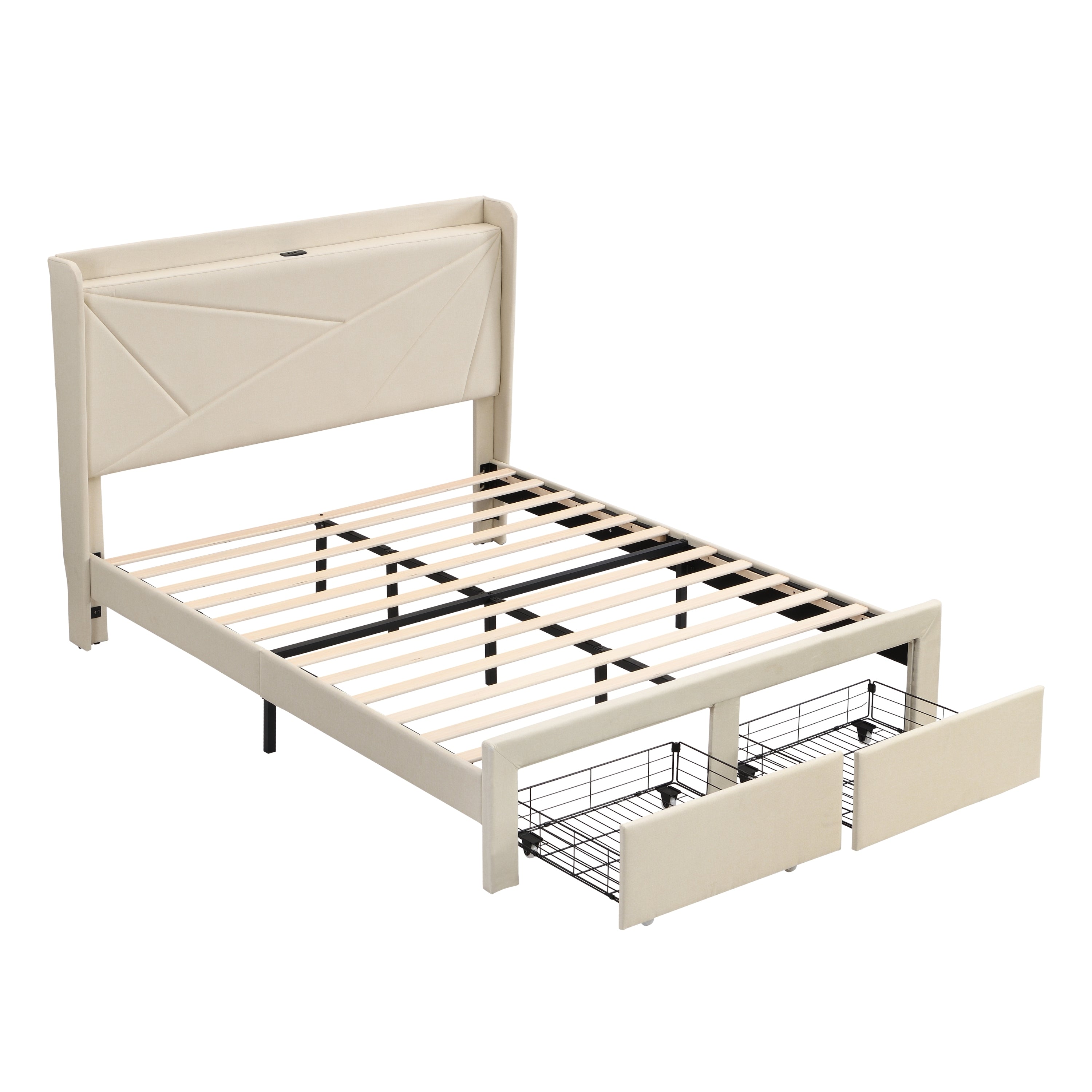 Full Upholstered Bed Frame with Storage Drawers & USB, Beige Full Upholstered Bed Frame with Storage Drawers & USB, Beige