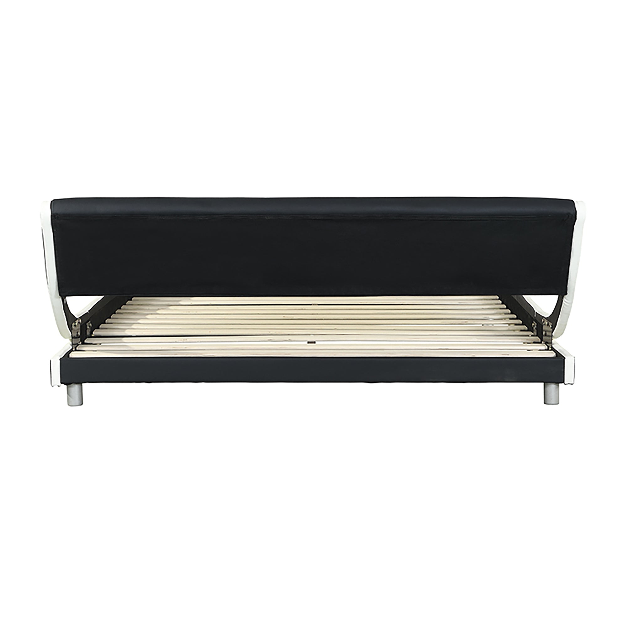 Faux Leather Upholstered Platform Bed Frame,LED lighting with remote controller and APP,Curve Design,Wood Slat Support,No Box Spring Needed,Easy Assemble,Queen Size,Black and White Faux Leather Upholstered Platform Bed Frame,LED lighting with remote controller and APP,Curve Design,Wood Slat Support,No Box Spring Needed,Easy Assemble,Queen Size,Black and White