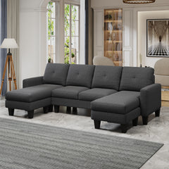 U-Shaped Sofa Coch 4-Seat Sofa with Chaise Polyester Fabric for Living Room Apartment Office (Dark Grey)