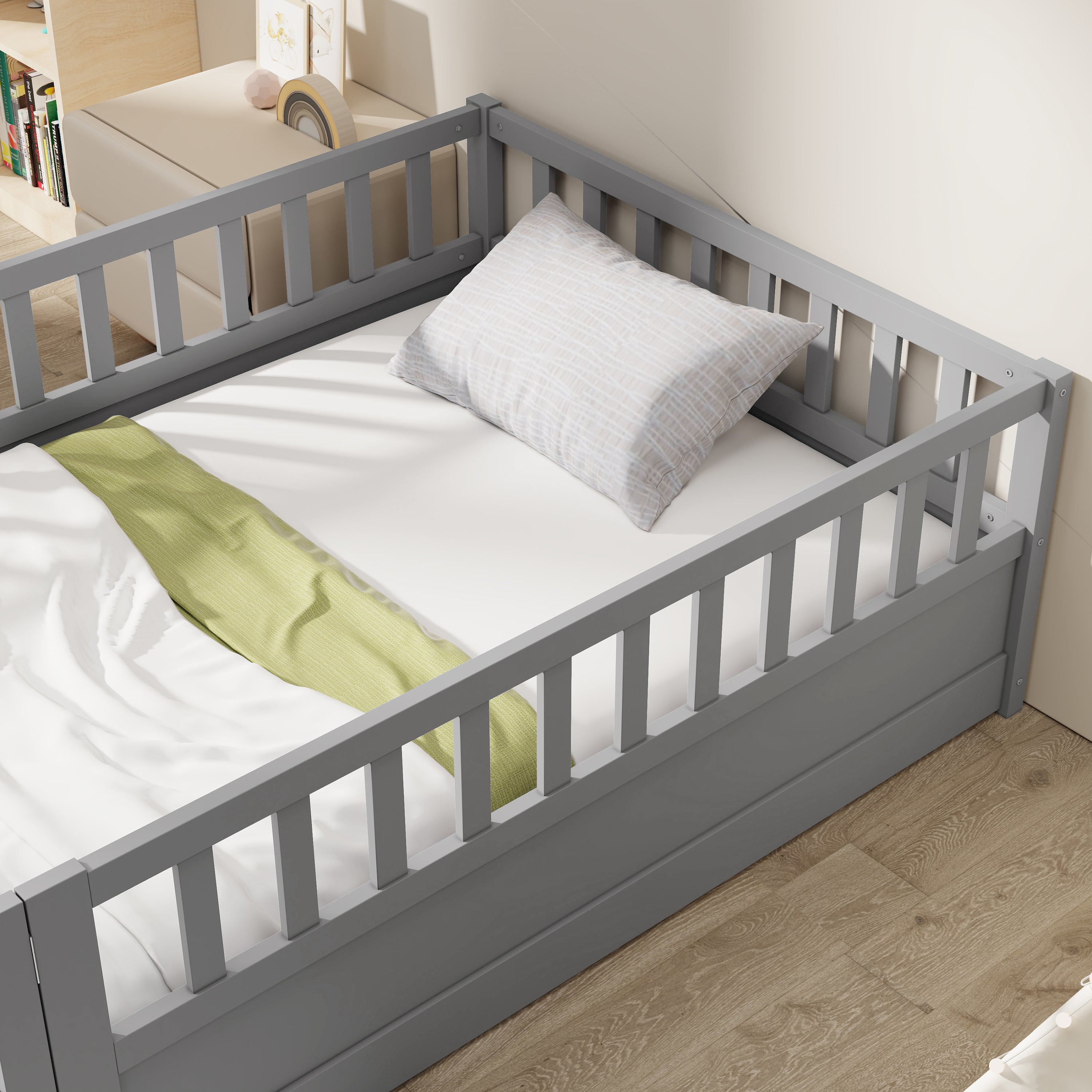 Twin Size Floor bed, integral construction with super high security barrier, door, children's floor bed frame, Montessori wooden children's floor bed, Support slat Grey Twin Size Floor bed, integral construction with super high security barrier, door, children's floor bed frame, Montessori wooden children's floor bed, Support slat Grey