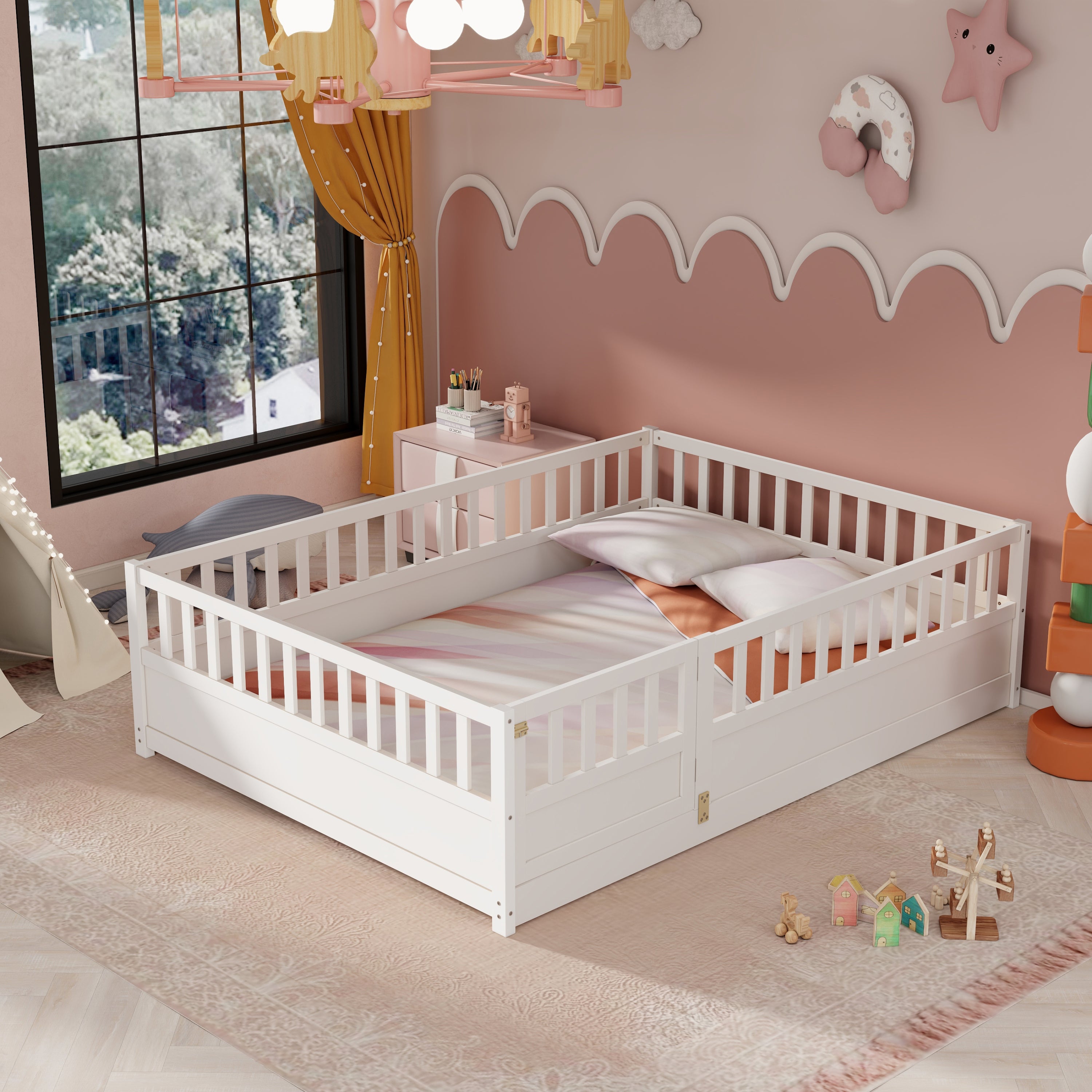 Full size  Floor bed, integral construction with super high security barrier, door, children's floor bed frame, Montessori wooden children's floor bed, white Full size  Floor bed, integral construction with super high security barrier, door, children's floor bed frame, Montessori wooden children's floor bed, white