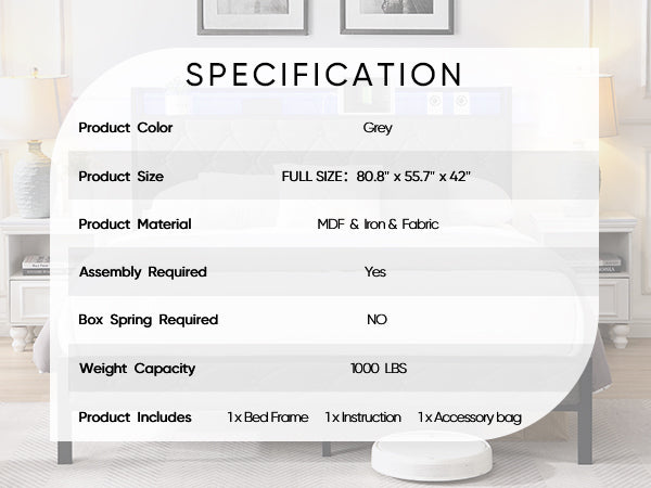 Full Bed Frame with Storage, Charging Station & LED Lights, Gray Full Bed Frame with Storage, Charging Station & LED Lights, Gray
